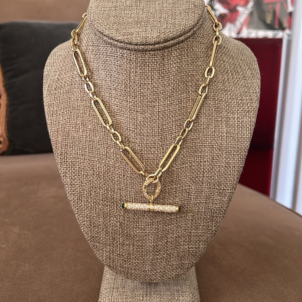 Designer Inspired Mixed Link Gold Plated Necklace w/ Emerald Accent Bar Pendant